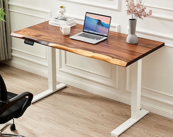 Desk - White Frame, Desk, Standing Desk, Tropical Hardwood, Stand-Up Desk, Live Edge Desk, Adjustable Standing Desk, Desk with Storage