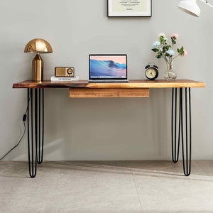 Desk Hairpin Legs, Live Edge Desk, Wood Desk, Tropical Hardwood, Desk with Storage, Office Desk, Modern Desk, Computer Desk, Modern image 2