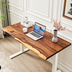 Desk White Frame, Desk, Standing Desk, Tropical Hardwood, Stand-Up Desk, Live Edge Desk, Adjustable Standing Desk, Desk with Storage image 8