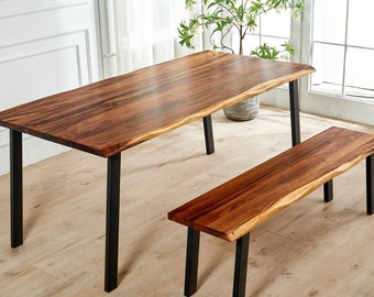 Dining Table with Optional Bench - Live Edge Dining Table, Slab Table, Tropical Hardwood, Modern Table, Large Kitchen Table with Steel Legs