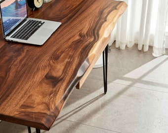 Escritorio - Patas de horquilla, Escritorio Live Edge, Escritorio de madera, Madera tropical, Escritorio con almacenamiento, Escritorio de oficina, Escritorio moderno, Escritorio de computadora, Moderno