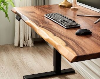 Desk - Black Frame, Standing Desk, Desk, Tropical Hardwood, Stand-Up Desk, Live Edge Desk, Adjustable Standing Desk, Desk with Storage