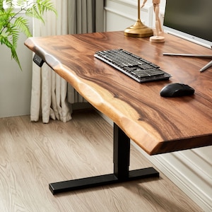 Desk Black Frame, Standing Desk, Desk, Tropical Hardwood, Stand-Up Desk, Live Edge Desk, Adjustable Standing Desk, Desk with Storage image 1