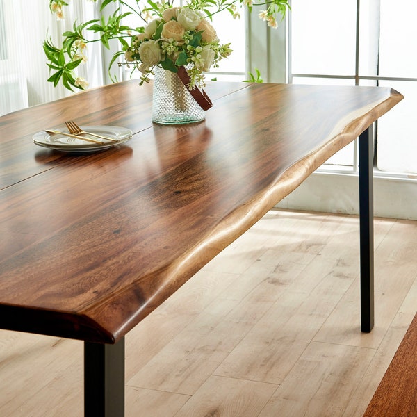 Live Edge Walnut Dining Table: Modern Steel Legs, Hand-Crafted