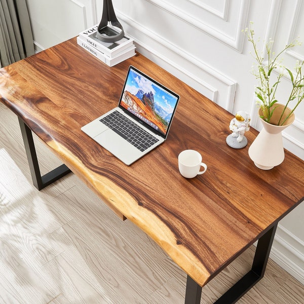 Desk - U Shaped Legs, Live Edge Desk, Wood Desk, Tropical Hardwood, Modern Desk, Office Desk, Desk with Storage, Computer Desk