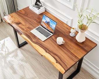 Desk - U Shaped Legs, Live Edge Desk, Wood Desk, Tropical Hardwood, Modern Desk, Office Desk, Desk with Storage, Computer Desk