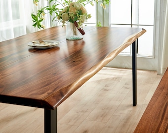 Mesa de comedor: mesa de comedor Live Edge, mesa de nogal, madera dura tropical, mesa moderna, mesa de madera, mesa de cocina grande con patas de acero.