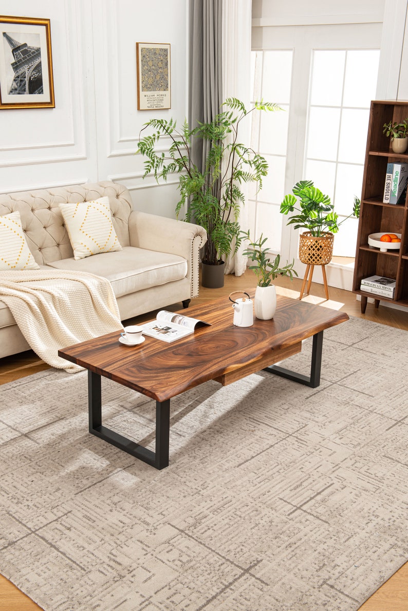 Coffee Table Tropical Hardwood, Live Edge Coffee Table, Wood Coffee Table, Walnut Coffee Table, Modern Coffee Table with Storage image 6