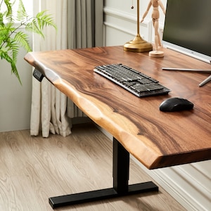Desk Standing Desk, Motorized Frame, Tropical Hardwood, Stand Up Desk, Live Edge Desk, Adjustable Standing Desk, Desk With Storage Black