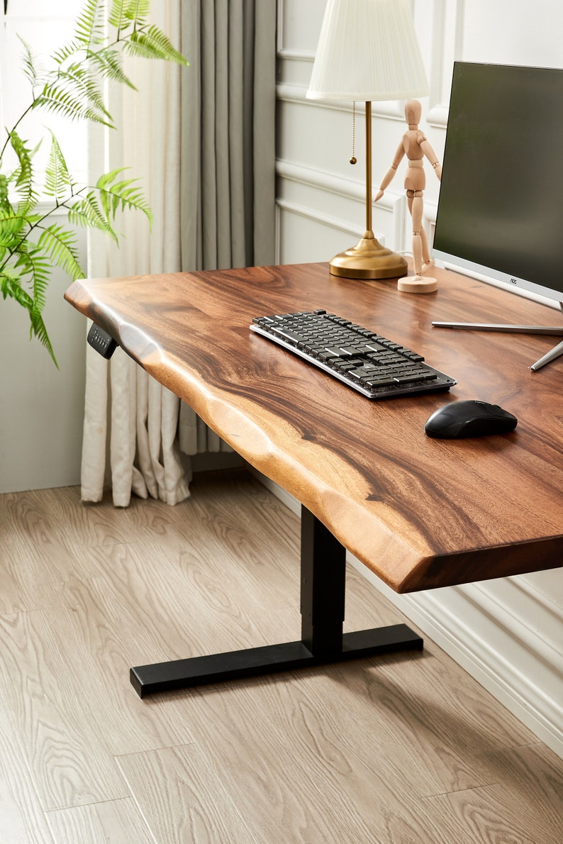 Desk Standing Desk, Motorized Frame, Tropical Hardwood, Stand Up Desk, Live Edge Desk, Adjustable Standing Desk, Desk With Storage Black
