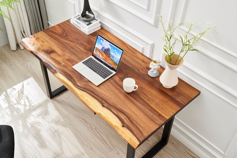 Desk U Shaped Legs, Live Edge Desk, Wood Desk, Tropical Hardwood, Modern Desk, Office Desk, Desk with Storage, Computer Desk image 1