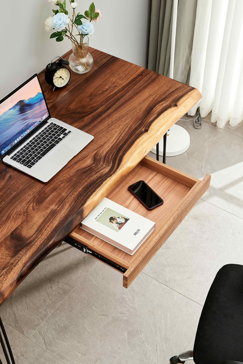 Desk Hairpin Legs, Live Edge Desk, Wood Desk, Tropical Hardwood, Desk with Storage, Office Desk, Modern Desk, Computer Desk, Modern image 6