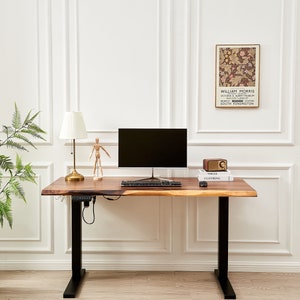 Desk Black Frame, Standing Desk, Desk, Tropical Hardwood, Stand-Up Desk, Live Edge Desk, Adjustable Standing Desk, Desk with Storage image 2