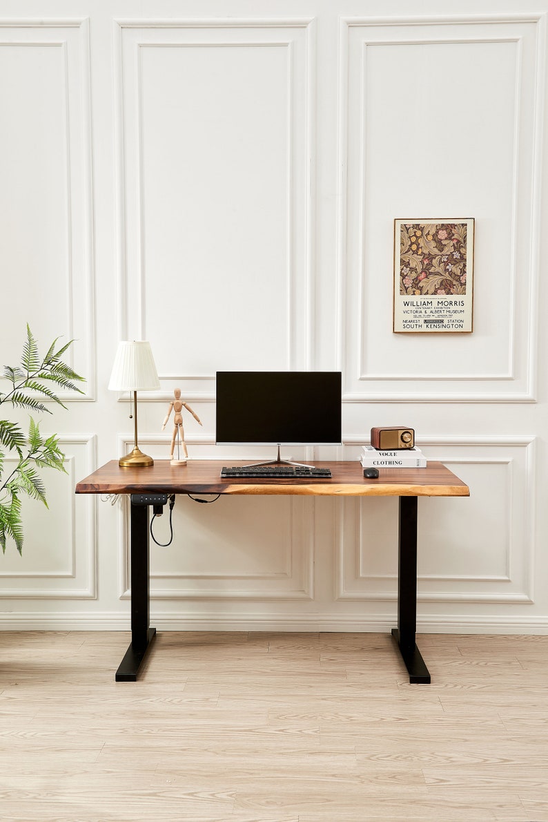 Desk Black Frame, Standing Desk, Desk, Tropical Hardwood, Stand-Up Desk, Live Edge Desk, Adjustable Standing Desk, Desk with Storage image 2