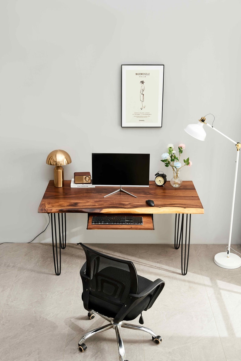 Desk Hairpin Legs, Live Edge Desk, Wood Desk, Tropical Hardwood, Desk with Storage, Office Desk, Modern Desk, Computer Desk, Modern image 7