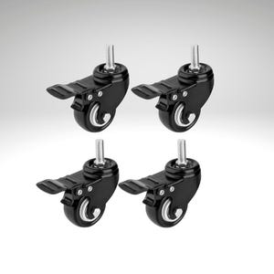 May include: Four black swivel casters with a lever lock and threaded stem. The casters have a black body, a silver wheel, and a silver threaded stem for mounting. The lever lock is also black.