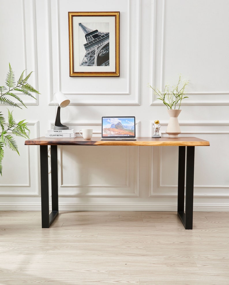 Desk U Shaped Legs, Live Edge Desk, Wood Desk, Tropical Hardwood, Modern Desk, Office Desk, Desk with Storage, Computer Desk image 2