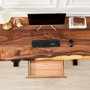 Desk Black Frame, Standing Desk, Desk, Tropical Hardwood, Stand-Up Desk, Live Edge Desk, Adjustable Standing Desk, Desk with Storage image 7