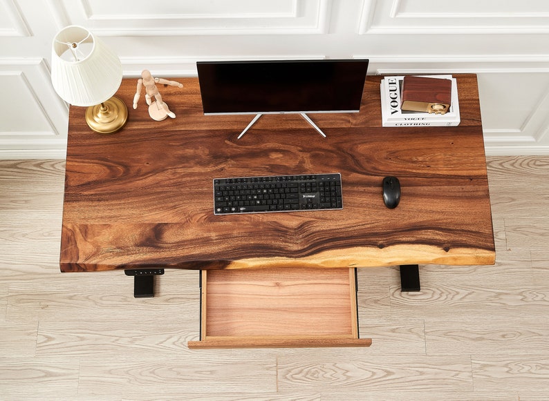 Desk Black Frame, Standing Desk, Desk, Tropical Hardwood, Stand-Up Desk, Live Edge Desk, Adjustable Standing Desk, Desk with Storage image 7