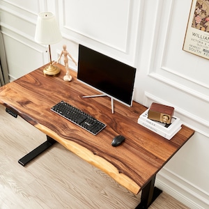 Desk Black Frame, Standing Desk, Desk, Tropical Hardwood, Stand-Up Desk, Live Edge Desk, Adjustable Standing Desk, Desk with Storage image 3