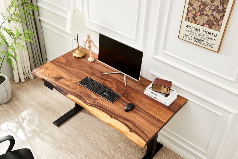Desk Black Frame, Standing Desk, Desk, Tropical Hardwood, Stand-Up Desk, Live Edge Desk, Adjustable Standing Desk, Desk with Storage image 3