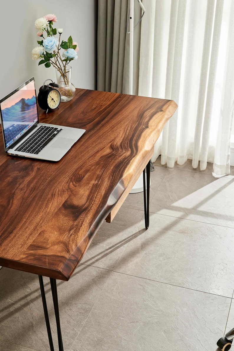 Desk Hairpin Legs, Live Edge Desk, Wood Desk, Tropical Hardwood, Desk with Storage, Office Desk, Modern Desk, Computer Desk, Modern image 1