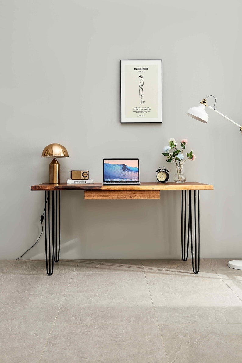 Desk Hairpin Legs, Live Edge Desk, Wood Desk, Tropical Hardwood, Desk with Storage, Office Desk, Modern Desk, Computer Desk, Modern image 2