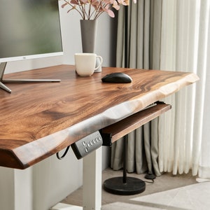 Desk Standing Desk, Motorized Frame, Tropical Hardwood, Stand Up Desk, Live Edge Desk, Adjustable Standing Desk, Desk With Storage image 1