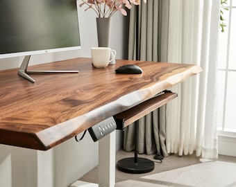 Desk - Standing Desk, Motorized Frame, Tropical Hardwood, Stand Up Desk, Live Edge Desk, Adjustable Standing Desk, Desk With Storage