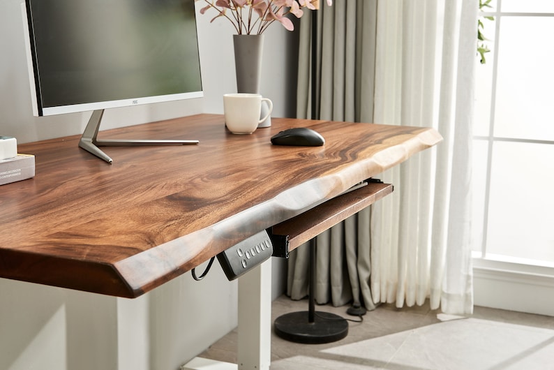 Desk White Frame, Desk, Standing Desk, Tropical Hardwood, Stand-Up Desk, Live Edge Desk, Adjustable Standing Desk, Desk with Storage image 7