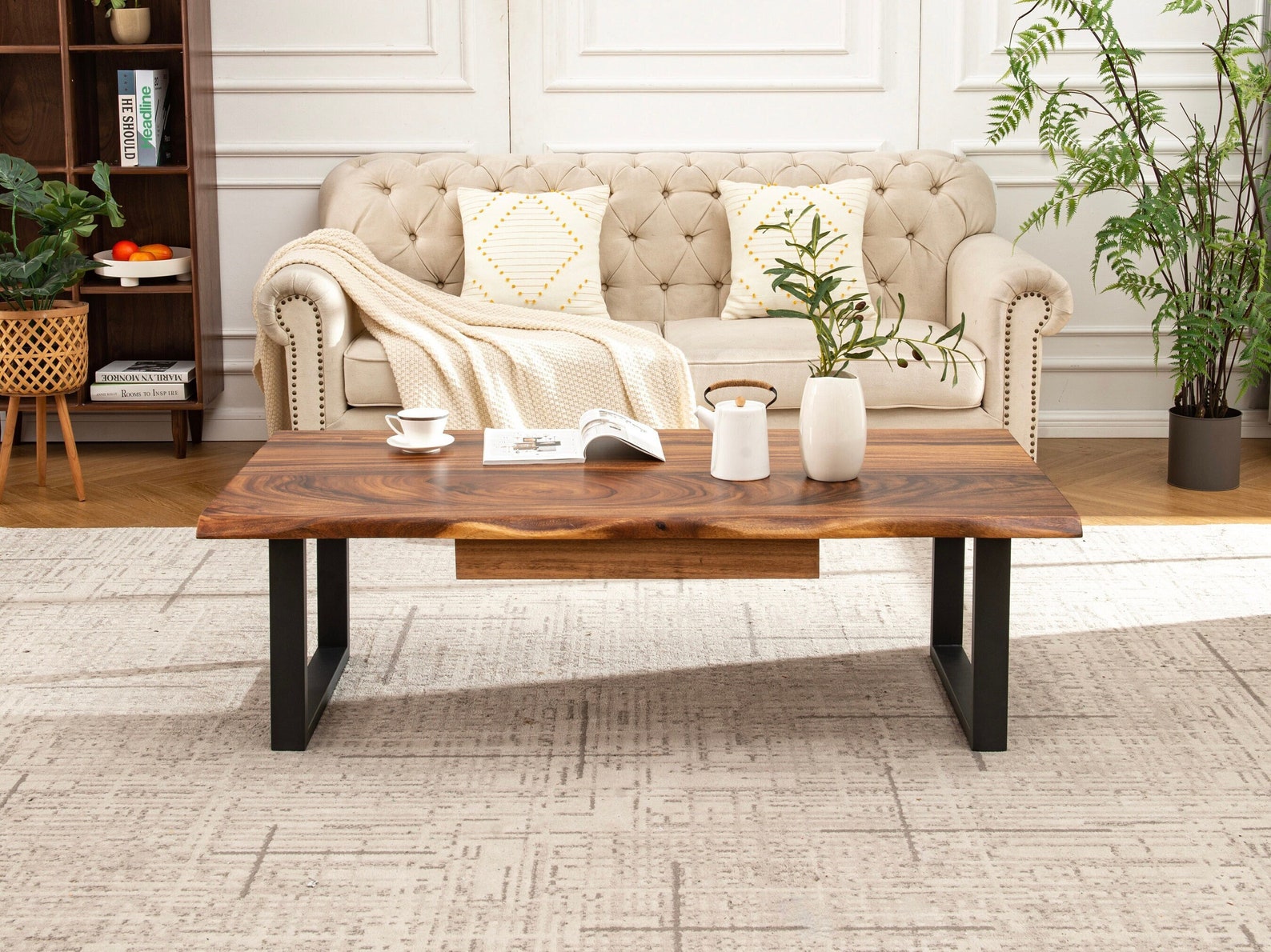Live Edge Coffee Table: South American Walnut, Modern Industrial Design - 46X24 inches, No Drawer