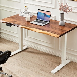 Desk Standing Desk, Motorized Frame, Tropical Hardwood, Stand Up Desk, Live Edge Desk, Adjustable Standing Desk, Desk With Storage White