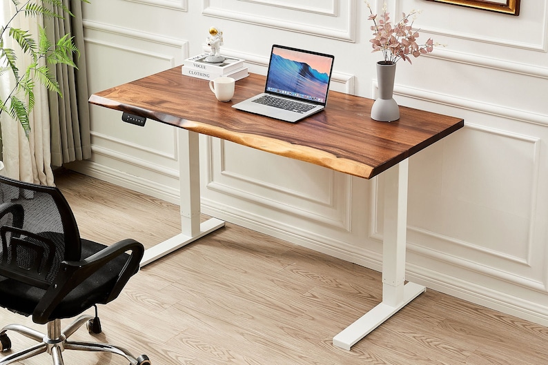 Desk Standing Desk, Motorized Frame, Tropical Hardwood, Stand Up Desk, Live Edge Desk, Adjustable Standing Desk, Desk With Storage White