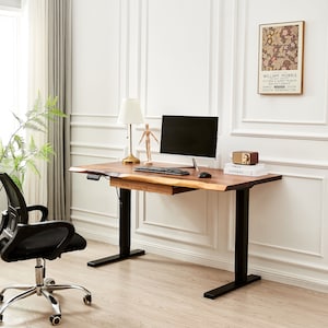 Desk Black Frame, Standing Desk, Desk, Tropical Hardwood, Stand-Up Desk, Live Edge Desk, Adjustable Standing Desk, Desk with Storage image 8