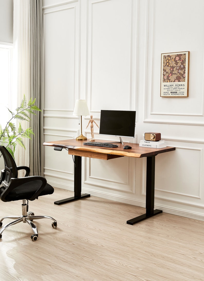 Desk Black Frame, Standing Desk, Desk, Tropical Hardwood, Stand-Up Desk, Live Edge Desk, Adjustable Standing Desk, Desk with Storage image 8