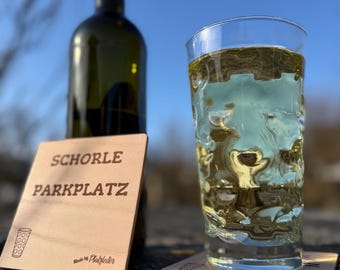 Handmade leather beer mat coaster with Dubbeglas Dubbe Schorle motif