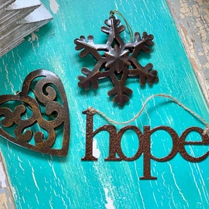 Metal Christmas Ornaments- Bronze Ornaments - Snowflake - Heart - Hope - Ornaments - Rustic Christmas Ornaments