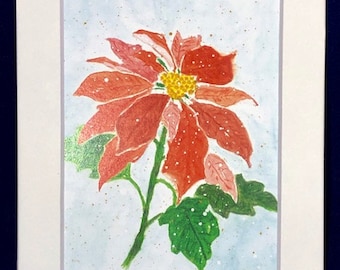 ポインセチアの絵画 クリスマスフラワー水彩画 花のアートプリント