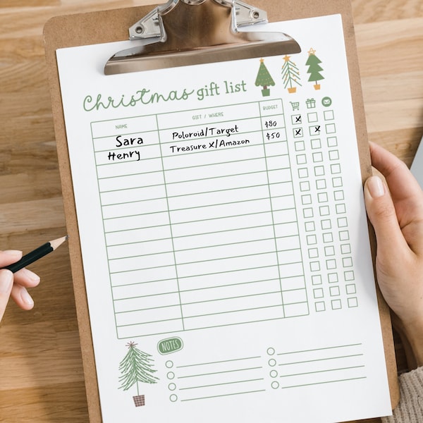 Christmas Gift Tracker Printable, Instant download gift tracker, Christmas gift list, Christmas list printable, gift planner, Green Trees