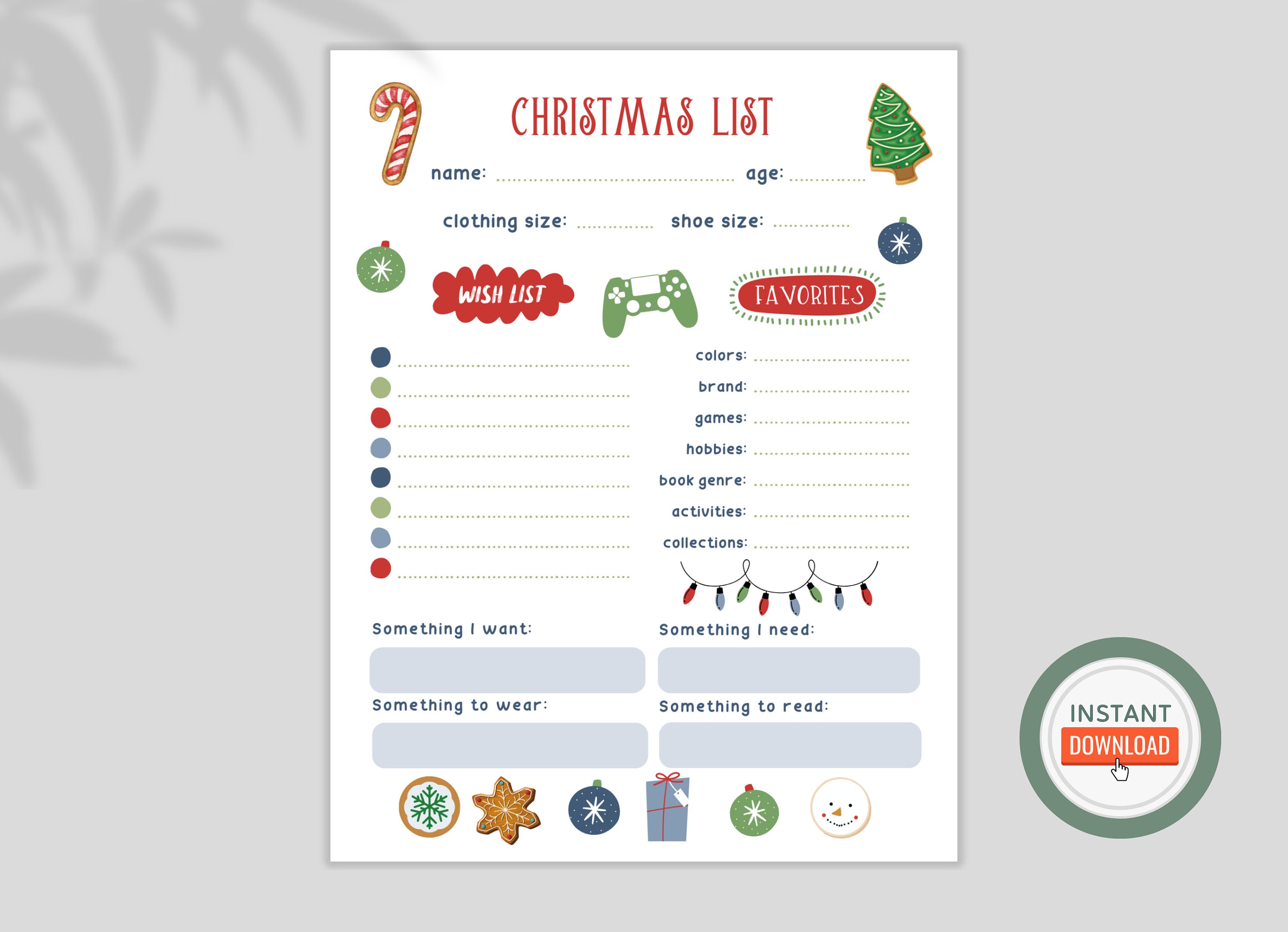 Christmas Wish List Kids, Printable Gift Wish List, Children's