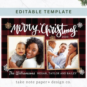 Red Christmas Plaid template, Digital Christmas Photo Card template, Editable Merry Christmas card template, Red Plaid Holiday template