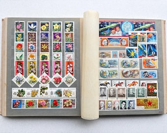 Vintage sovjetiskt frimärkssamlingsalbum Sovjetunionen 1000+ frimärken 28 sidor Rymddjur OS Filateligåva Stort parti