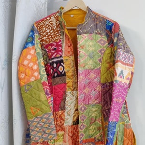 Silk Fabric Patchwork Quilted Jackets Cotton Bohemian Style Fall Winter Jacket Coat Streetwear Boho Quilted Reversible Jacket for Women,Gift