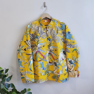 Chaqueta con estampado de jungla amarilla, chaqueta acolchada reversible de algodón con estampado a mano en bloques, chaqueta corta, chaqueta de algodón, regalo de fiesta para novia, superventas