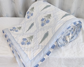 Beautiful White Butta Design Block Print Quilt, Indian Quilt, Handmade Floral Quilt, Bedspreads Comforter Blanket, Cotton Throw, Boho Quilt