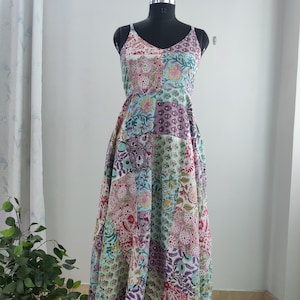 Vestido midi de algodón con estampado de bloques a mano y patchwork, el más vendido, la elección de Etsy. Vestidos bohemios de algodón para mujer. Regalo para cualquier ocasión.