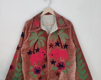 Suzani Embroidery Handmade Jacket, Velvet Suzani Jacket, Winter Wear Jacket Coat, Womens Coat, TNT Fabric Suzani Jacket, Robe, Gift For Her,