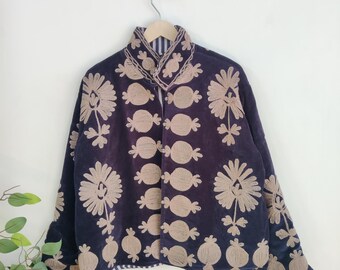 Navy Blue Velvet Handmade Suzani Embroidery Jacket for Women – Bohemian New Vintage Style Coat – Colorful Floral Suzani Jacket, Gift for her