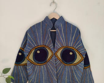 Evil Eye Suzani embroidery jacket - Handmade Suzani Embroidered Jacket: Boho Chic Short Coat Evil Eye boho outwear | festival clothing