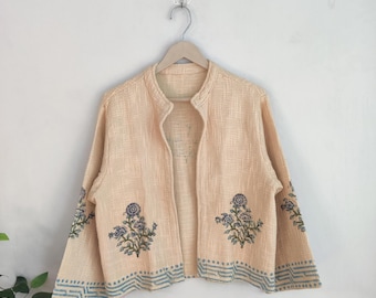 Block Printed Cotton Jacket: Handgefertigter Boho Damenmantel - Ethnische Boho Oberbekleidung, Baumwolle TNT Hand, Festival & Alltagsmantel, Geschenk für sie